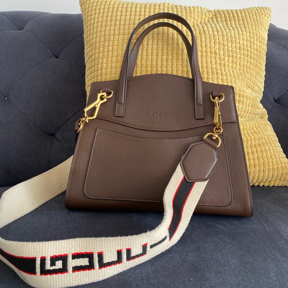 COPY - Gucci Linea Totem Butterfly Clasp Satchel Brown Calfskin Shoulder Bag